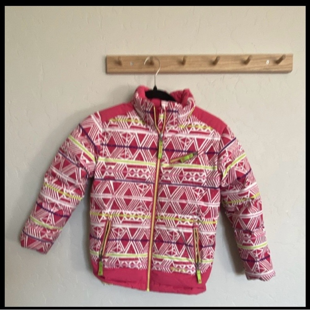 Marmot Girls Pink Geometric 700 Fill Puffer Jacket Hooded Size M